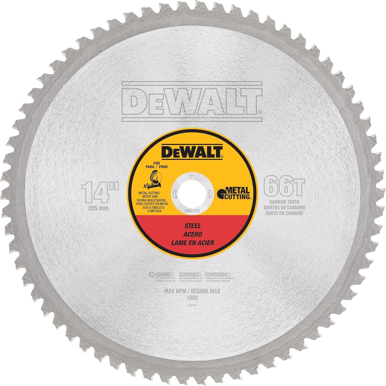 DEWALT DWA7747 14-inch 66-tooth metal cutting saw blade in its retail packaging.
