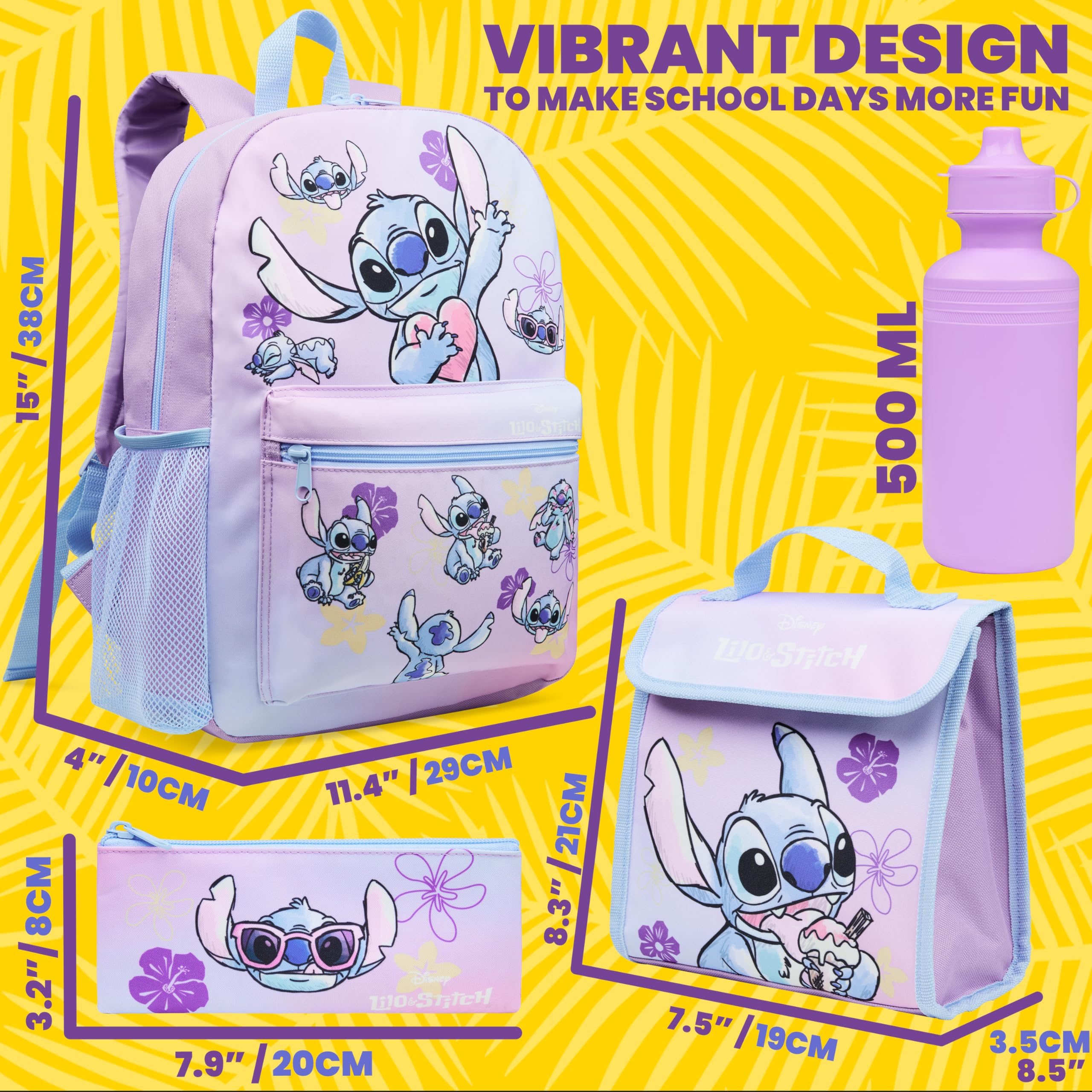 Disney Stitch Mochila Escolar Niña Adolescente Chica con Estuche Infantil Botella de Agua y Bolsa de Almuerzo Set de Material Escolar 4 Pzs