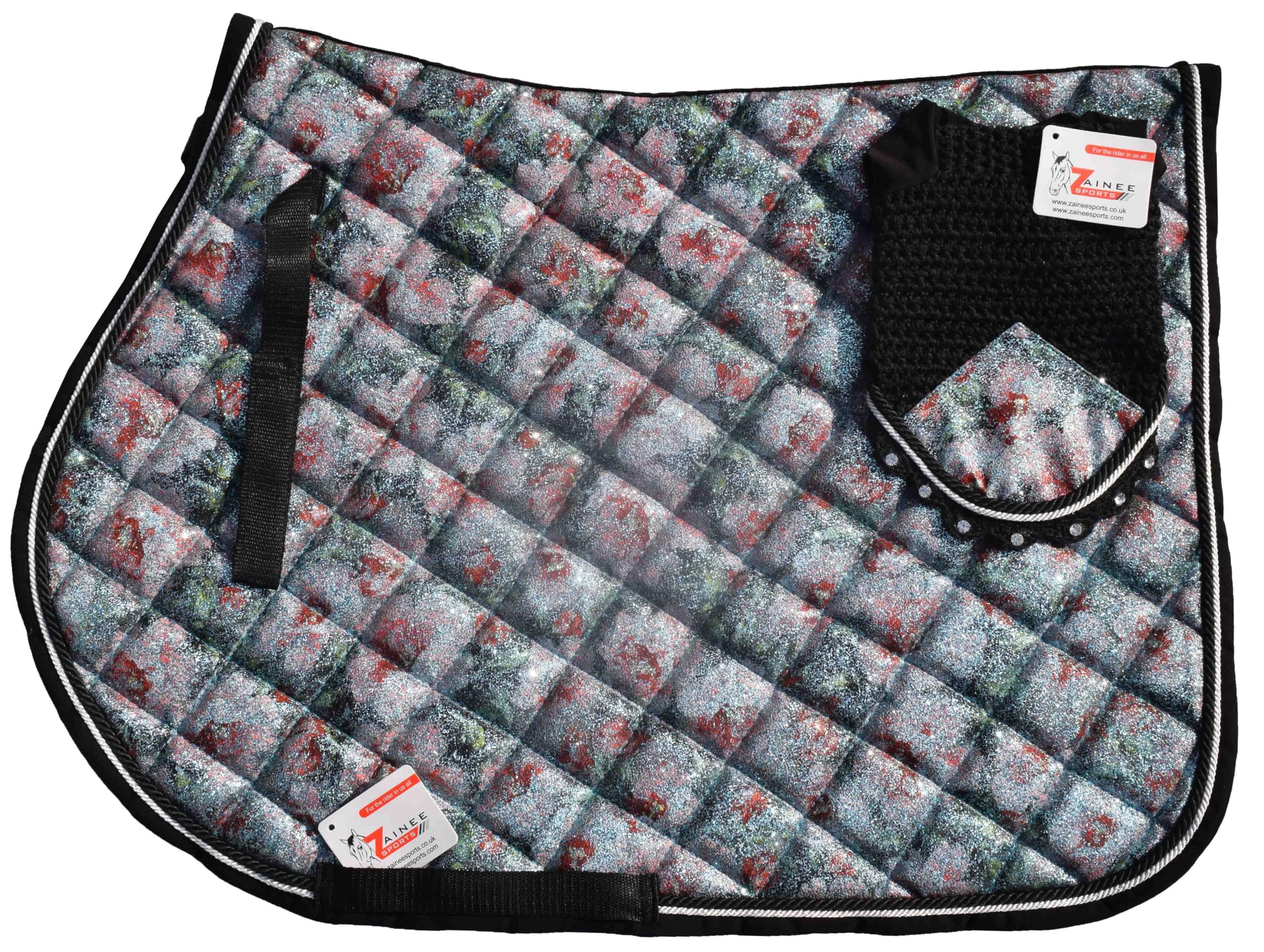 ZAINEE SPORTS Floral Glitter Saddle Pad Set Matching Ear Bonnet | Equestrian Show Gear | Horse Riding Matchy Set | Dressage or Jumping/Hunter (Sky-Blue-Floral-Glitter, Horse/Full)