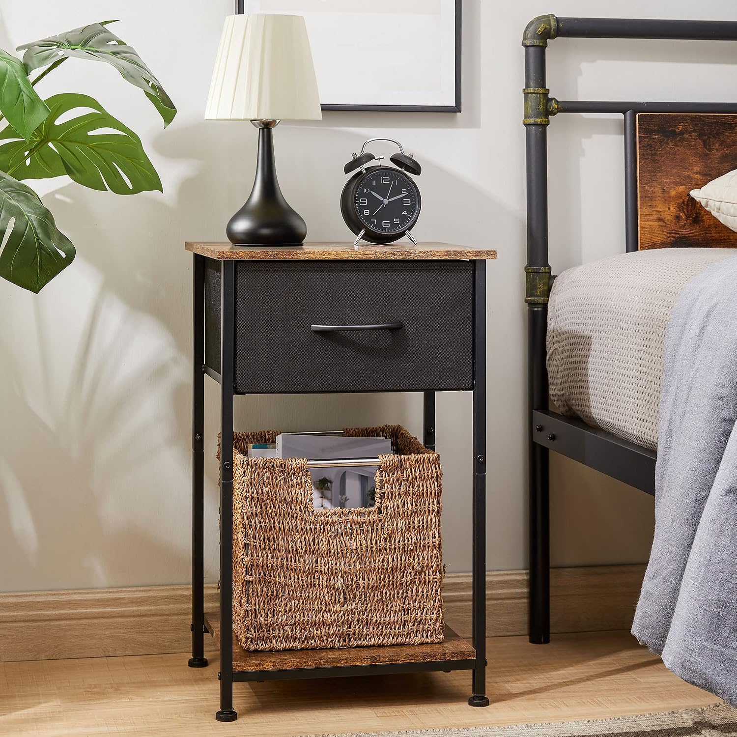 Somdot Nightstand, Bedside Table End Table for Bedroom Nursery Living Room - Removable Fabric Drawer, Open Storage Shelf, Sturdy Steel Frame, Durable Wood Top - Black/Rustic Brown