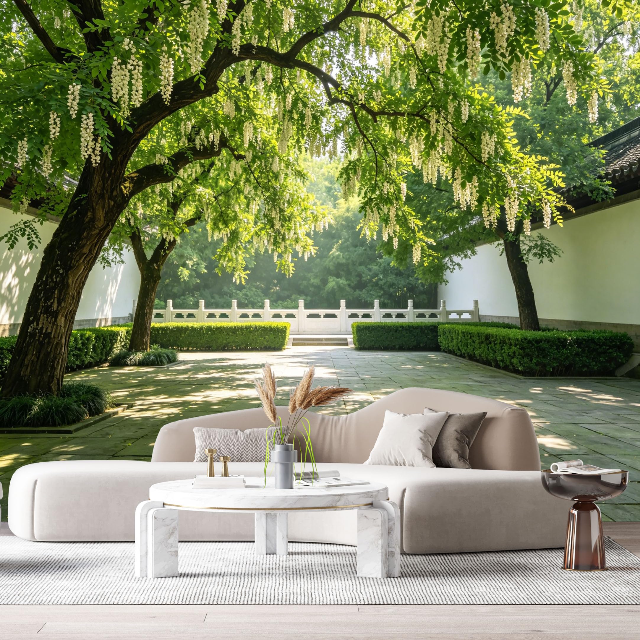 Custom Size Wall Murals Tranquil Garden Courtyard Botanical Sunlight Trees Stone Path SelfAdhesive Wall Fabric Removable Large Wallpaper for Photo Living Room