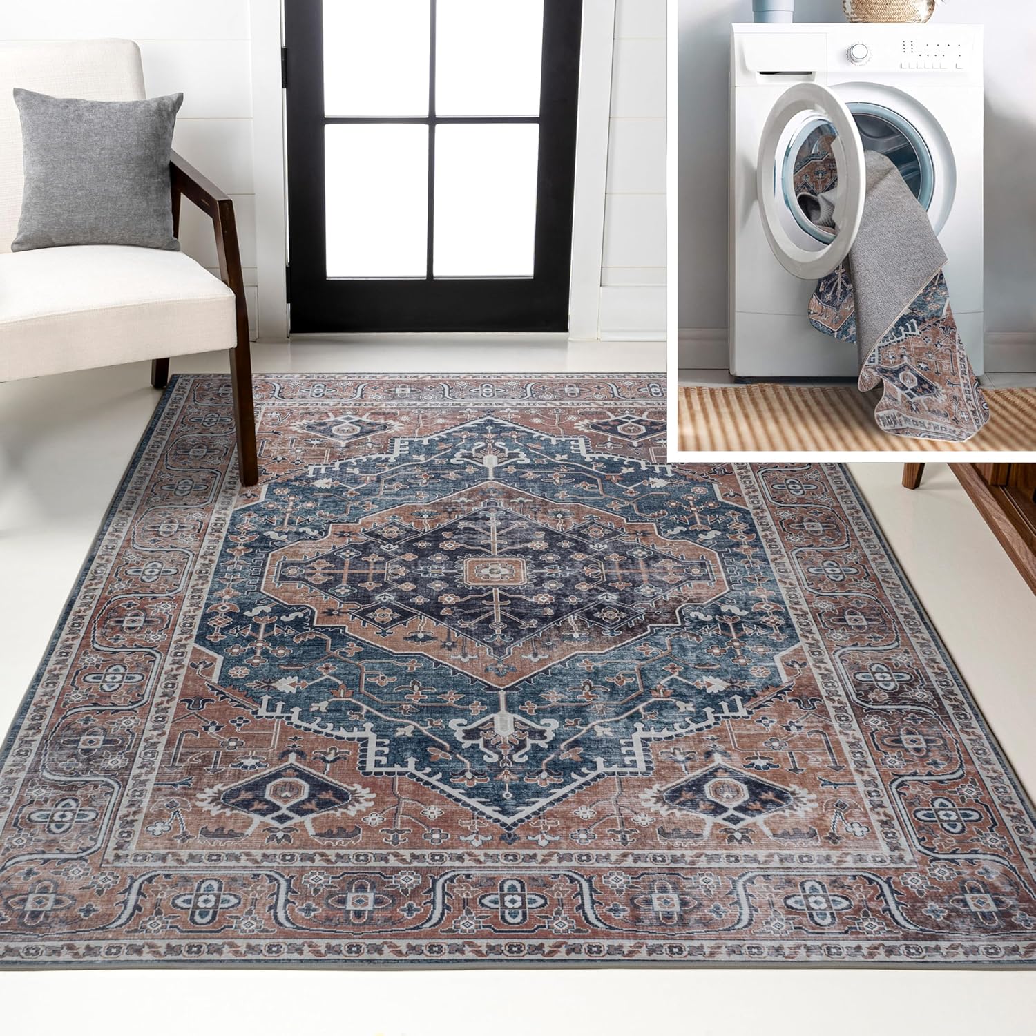 JONATHAN Y Machine Washable Navy/Brown Indoor Area Rug 3X5 ft, Alacati Ogee Medallion for Living Room, Bedroom, Kitchen, Office, Easy-Cleaning, High Traffic, Pet-Friendly, Non-Shedding (WSH103C-3)