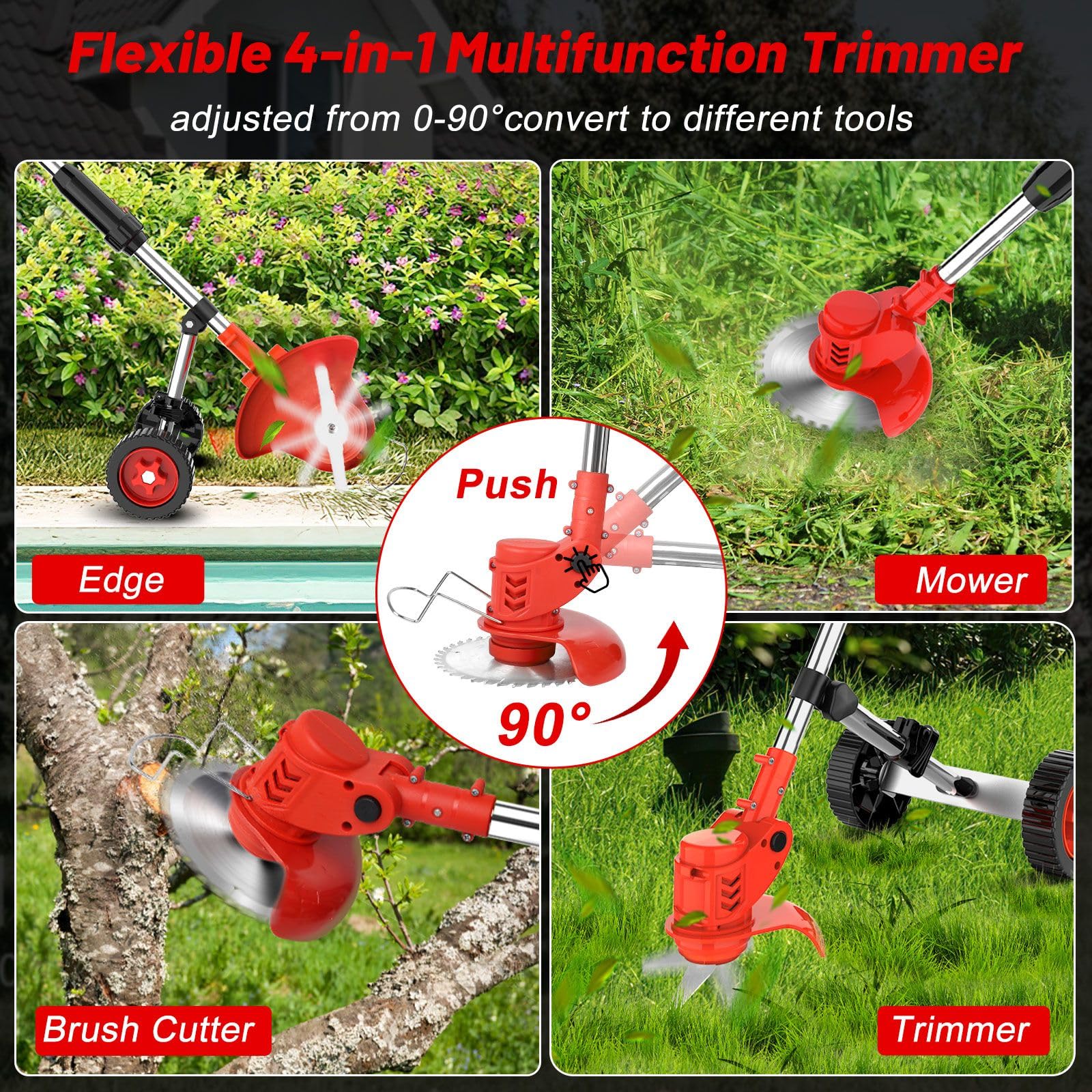 Tagliaerba A Batteria 21V 3 In 1 - Con 3 Lame, 2 Batterie 2000mAh, Manico Telescopico, Per Giardino E Cespugli