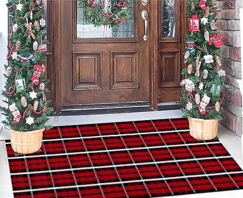 Miniatura 5 de Alfombra de Navidad roja y negra para exteriores, 24 x 51 pulgadas, alfombra de porche delantero a cuadros de Navidad, lavable a mano, de algodón,