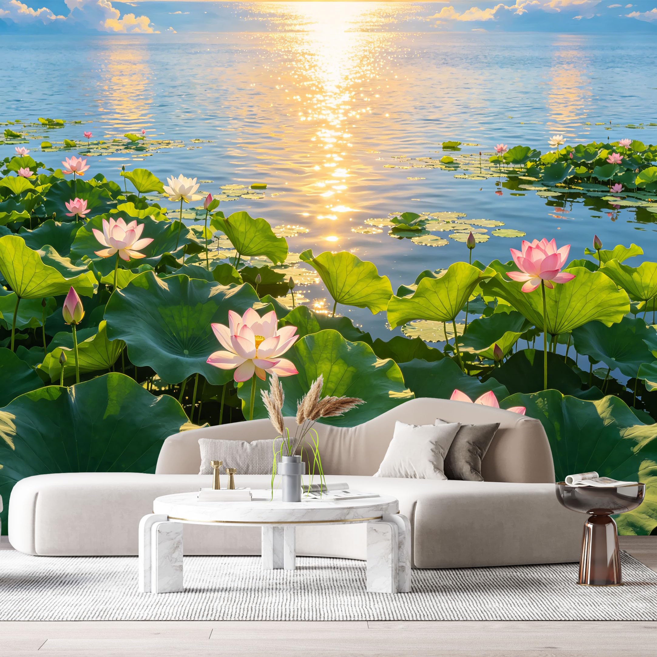 Custom Size Wall Murals Serene Lake Landscape Watercolor Lotus Flowers Sunset Reflection SelfAdhesive Wall Fabric Removable Large Wallpaper for Photo Living Room