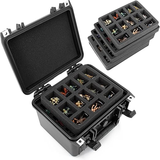 CASEMATIX Miniature Carrying Case for 43+ Miniatures - Hard Shell Miniature Storage Case with 3 Pre-Cut Foam Trays & 1 Customizable Tray Compatible with Warhammer 40k, DnD & More!, Black