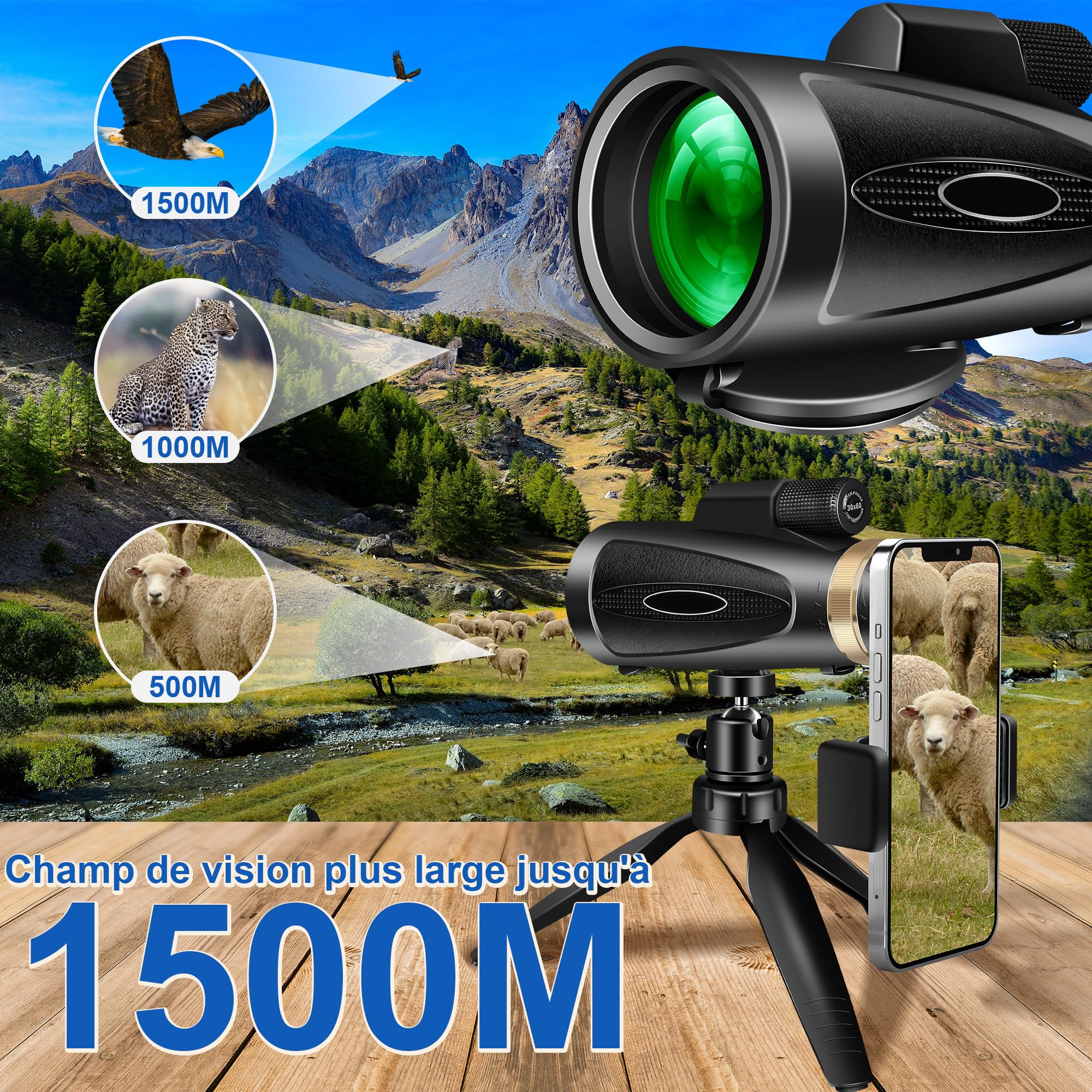 Telescope Monoculaire 30X60 Télescope Monoculaires Longue vue tir sportif Puissante Telescope Monocular avec Trepied Compact Professionnel Zoom Optique pour Smartphone Adultes Observation des oiseaux