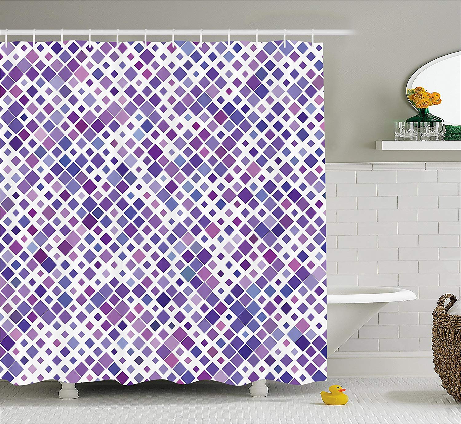 gwegvhvg Lavender Shower Curtain Set Purple Retro Mosaic Creative Pattern Square Rhythm Abstract Art Print Design Fabric Bathroom Decor with Hooks 180CM Long Violet Purple
