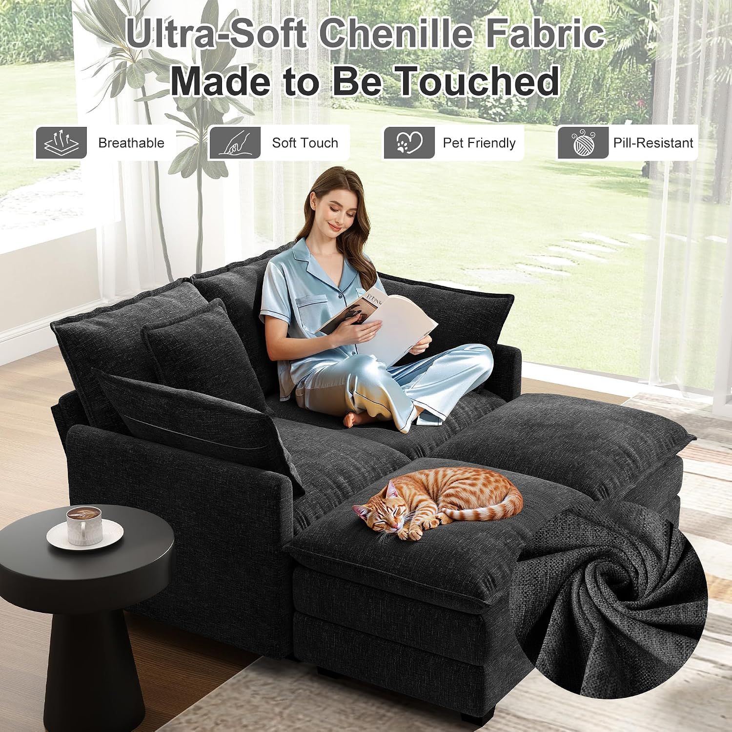  58" Cloud Couch Sectional Modular Sofa, Deep Seat Couches with Ottoman and Removable Washable Pillows for Living Room, Bedroom, Apartment, Black thumbnail