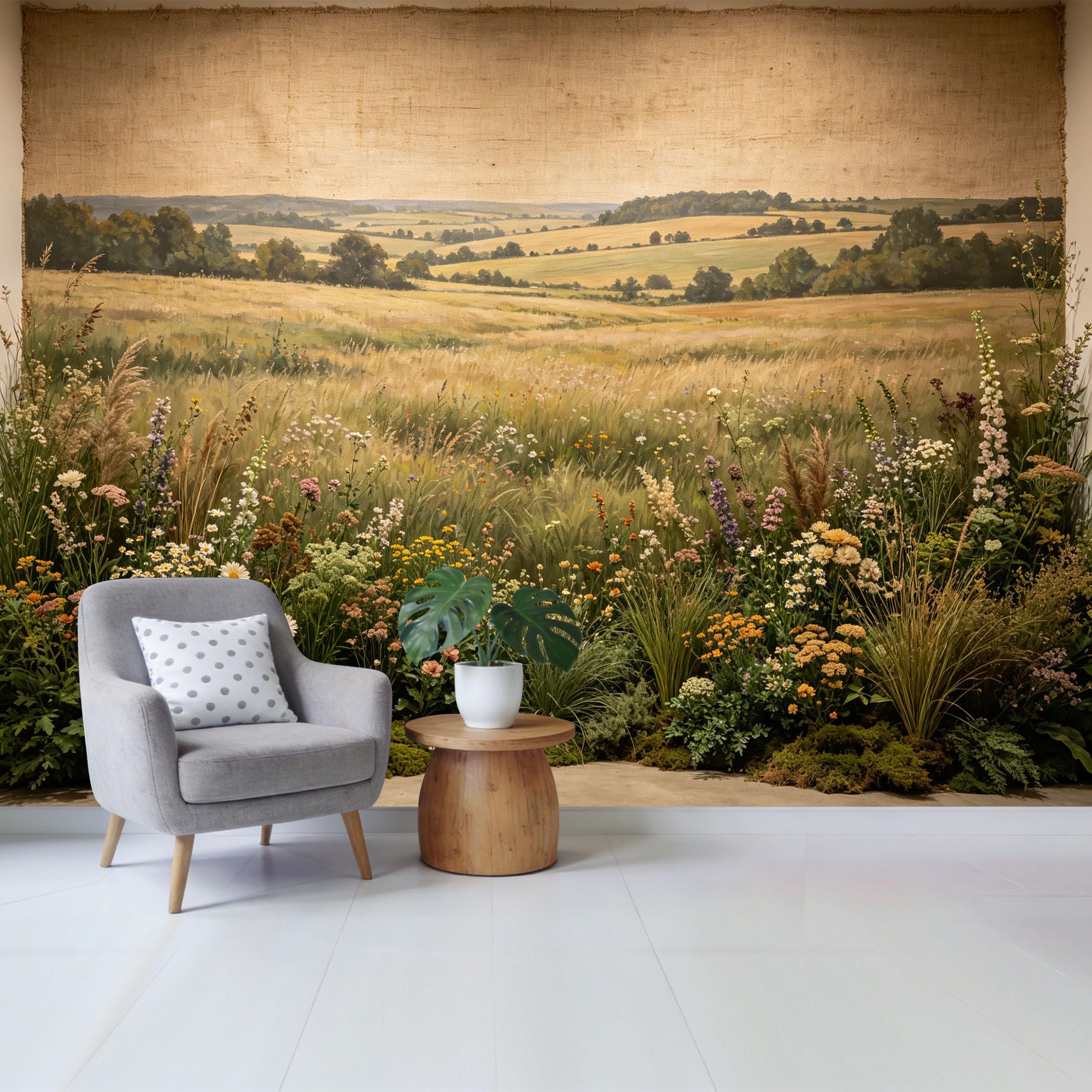Qzlithotic Yq2605250736 Custom Size Wall Mural Rustic Summer Wheat Field Wildflower Meadow Landscape Farmhouse Style Selfadhesive Wall Fabric Removable Wallpaper For Home Office Decor