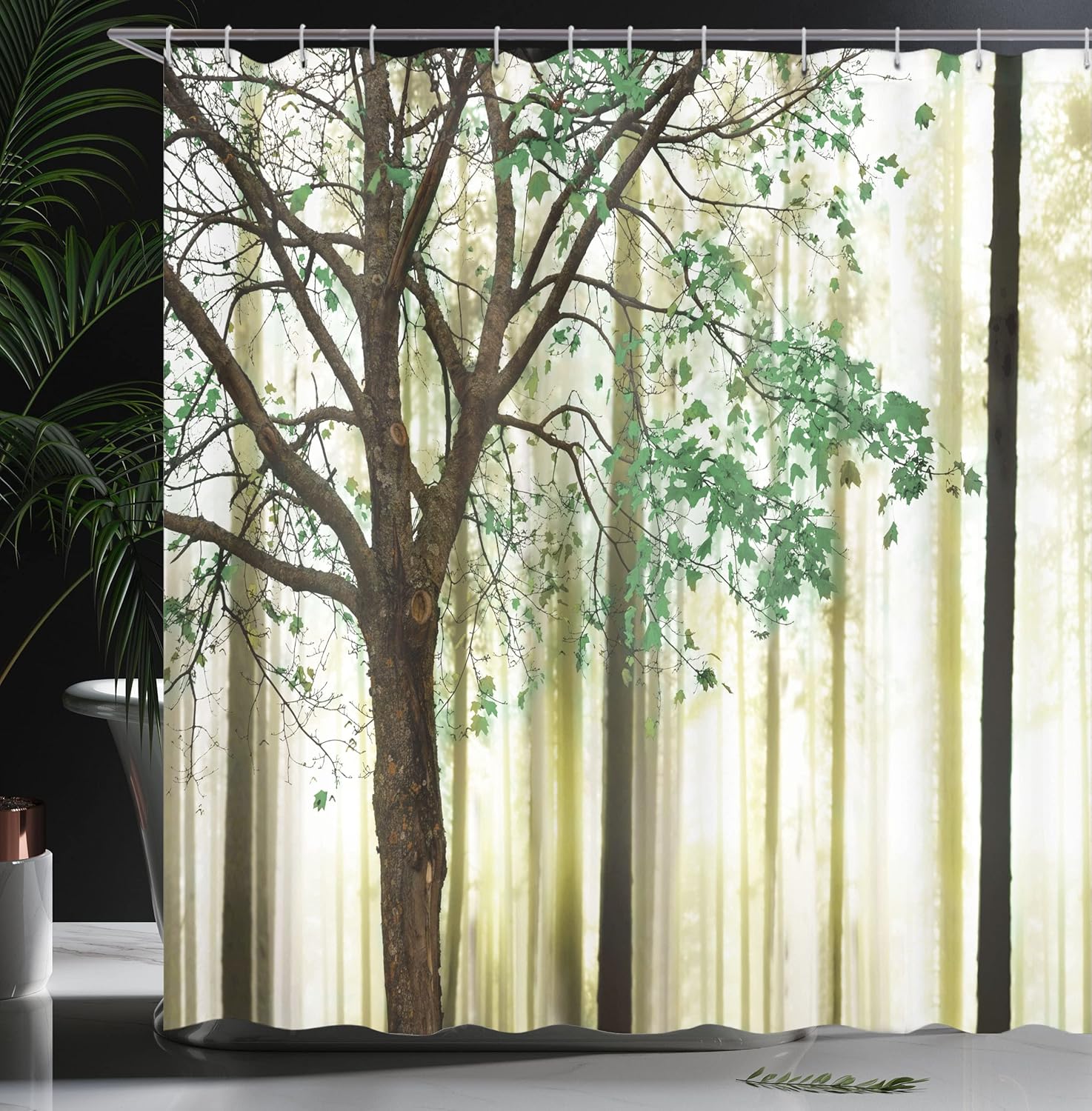 Ambesonne Autumn Shower Curtain, Fall Trees Leaves on Woodland Background Picture, Cloth Fabric Bathroom Accessories Set with 12 Hooks Home Decor for Restroom and Guest Room, 69" W x 75" L, Fern Green