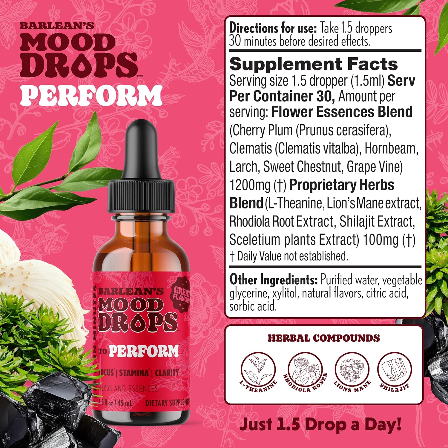 Barlean's Mood Booster Supplement, Perform L Theanine and Shilajit Liquid Drop Supplements for Men and Women, Adaptogen Herbs Drops, 1.5 oz