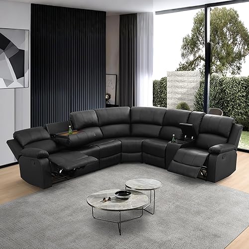 Manual Leather Recliner Sectional Sofa for Living Room,L Shaped Reclining Sectional Corner Couch,Black Leather Recliner Sofa Set with Storage Console/Drop Down Coffee Table/Cup Holders