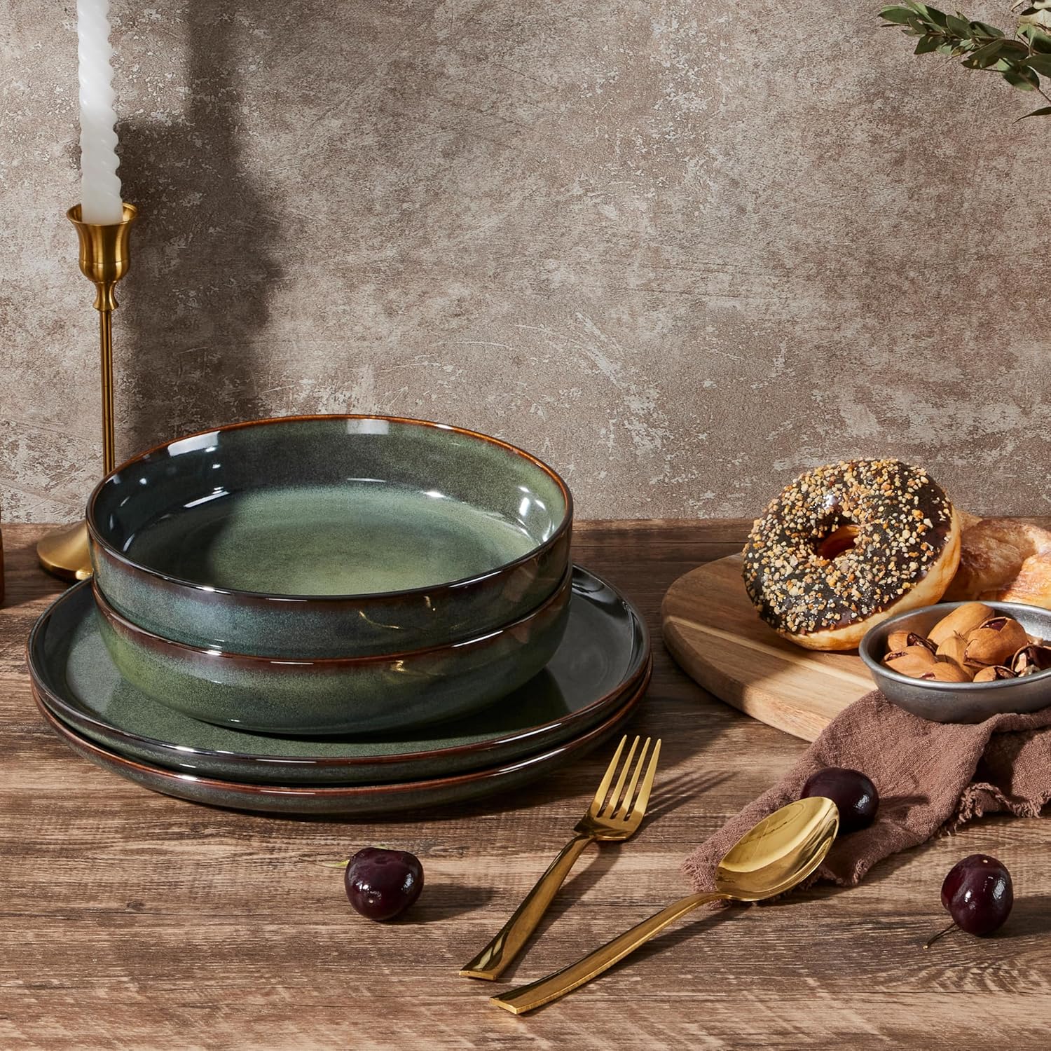 E-far Stoneware Pasta Bowls, 35oz Double Reactive Glaze Large Bowls Plates Set of 4, Wide & Shallow Ceramic Pasta Plates for Serving Salad, Soup, Dinner| Dishwasher & Microwave Safe | Obsidian Green