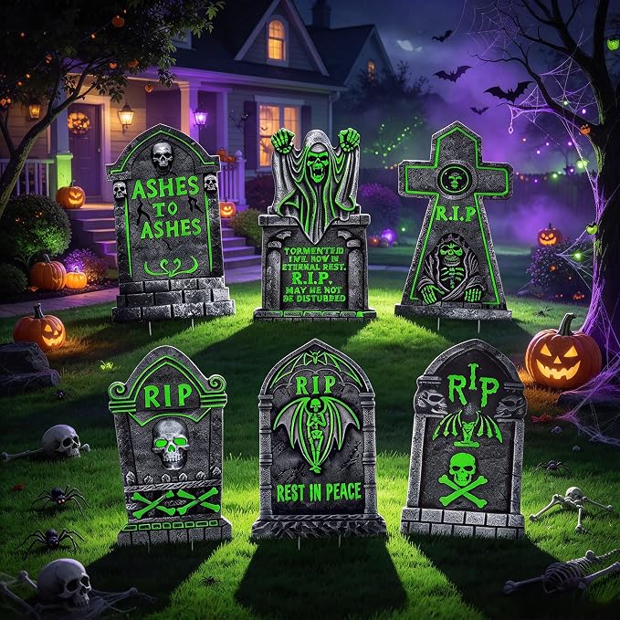 6pcs Outdoor Solar Glow in the Dark Halloween Tombstone Decor Lawn Stakes