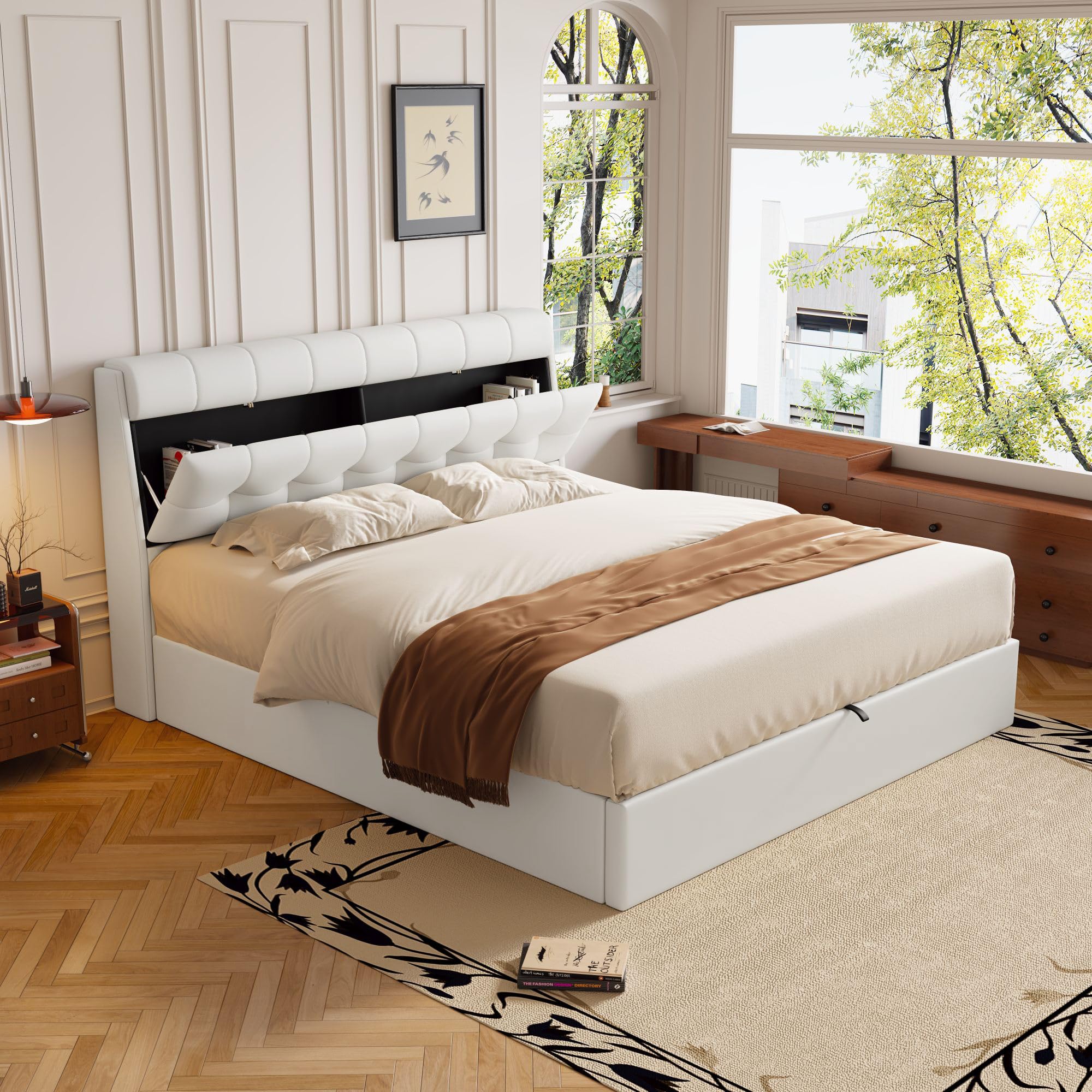 LUBVTTI Cama Acolchada De Matrimonio Con Cabecero Y Contenedor, Estructura De Cama De 140 X 200 Cm Con Somier De Láminas, Poliuretano, Color Blanco