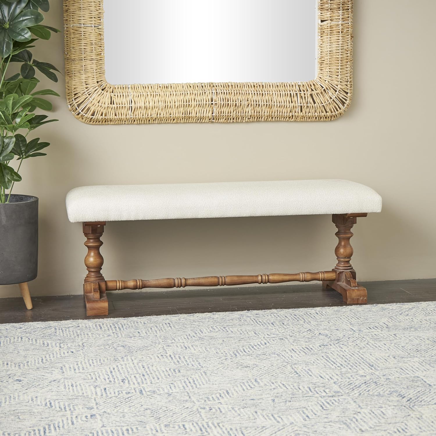 Deco 79 Fabric Home Bench Entryway Bench with Brown Turned Legs, Bedroom Bench 48" x 17" x 18", Cream