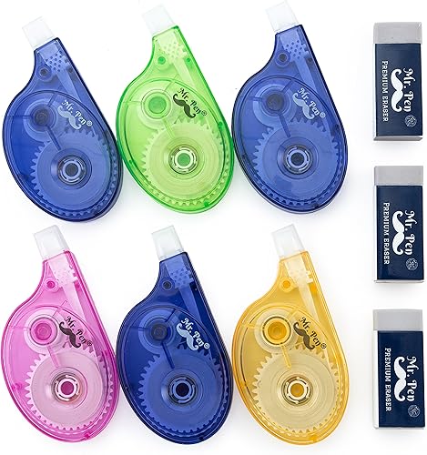 Mr. Pen set de corrección de 9 unidades, 6 cintas de corrección de 393 pulgadas cada una con 3 borradores adicionales, cinta de corrección