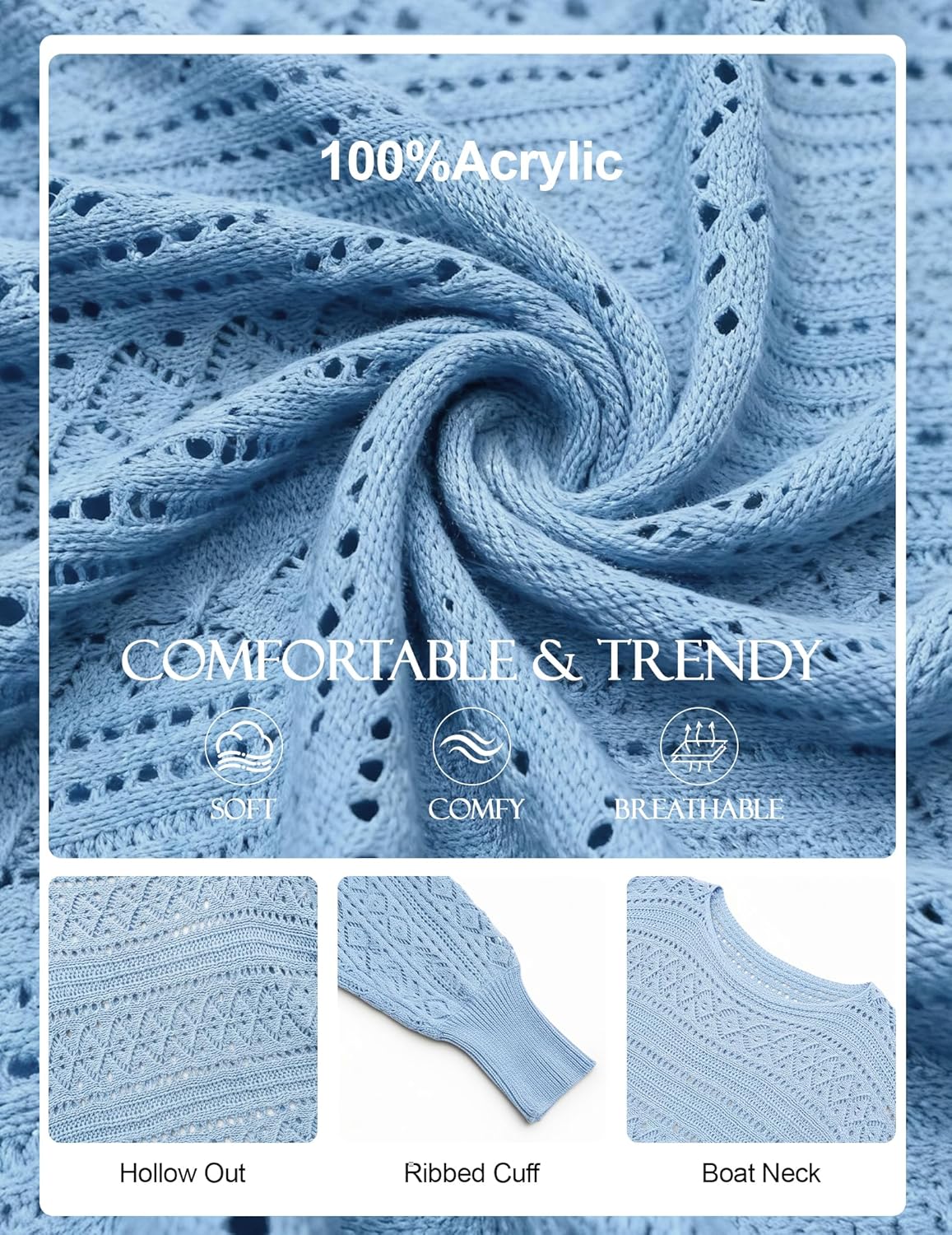 Womens Blue Off The Shoulder Top, Long Sleeve Crewneck Hollow Sweaters, Knit Bow Fall Fashion Outfits 2025 - Image 6