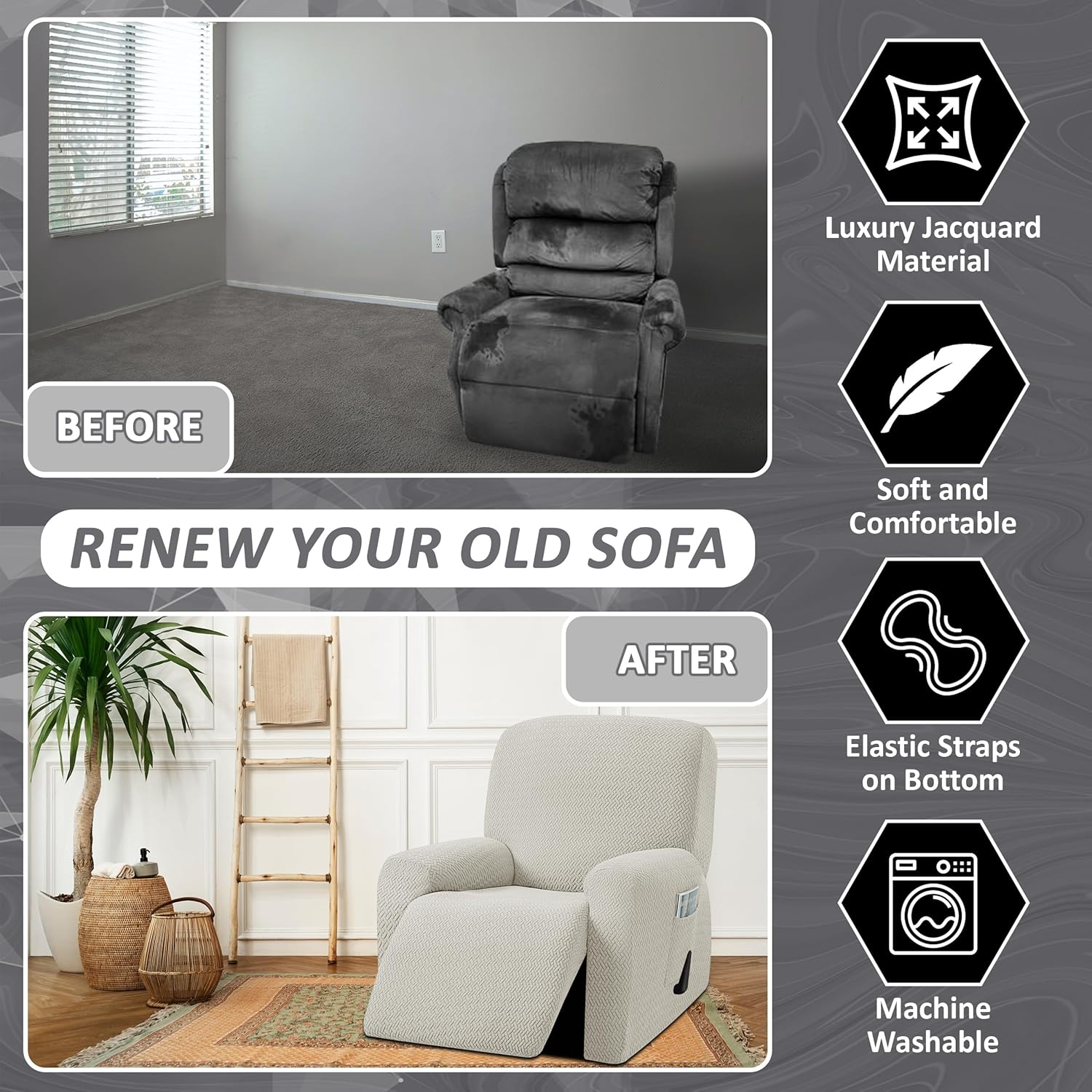 ULTICOR 4-Piece, 1 Seat Recliner Cover, Jacquared Stretch Reclining Chair Covers for 1 Cushion Reclining Sofa, Single Seat Recliner Couch Cover, Soft, Machine Washable (Style 3) (Ivory)