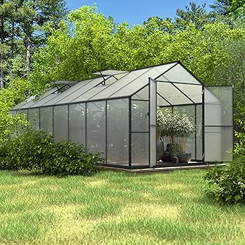 Yardenaler 8x16 FT Polycarbonate Aluminum Greenhouse Kit, Outdoor Walk-in Greenhouse, PC Green House with Adjustable Roof Vents and Lockable Door, Backyard Garden in Winter, Gray