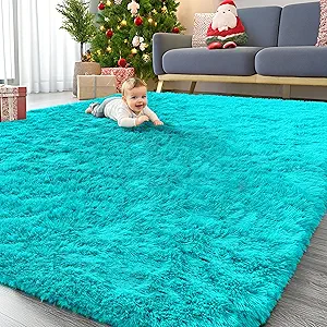OLANLY 9x12 Machine Washable Large Area Rugs for Living Room, Bedroom, Soft Fluffy Shaggy Bedside Rug, Indoor Floor Carpet for Kids Girls and Boys, Dorms, Nursery, Home Decor Aesthetic, Teal Blue