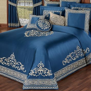 Touch of Class Buckingham Luxury Bedding | Royal Sapphire Blue | Palace-Inspired Elegant Golden Scrollwork Embroidery on Sateen | 6 Piece Set Cal King Bedspread, 2 King Shams & 3 Decorative Pillows