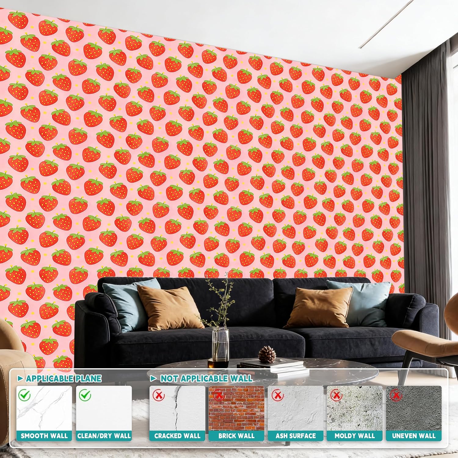 Cute Strawberry Peel and Stick Wallpaper, Removable Self-Adhesive Fruit Wall Paper Renter Friendly Contact Paper for Girls Nursery Bedroom Wall Decor (Strawberry Pattern, 17.7x118 in)