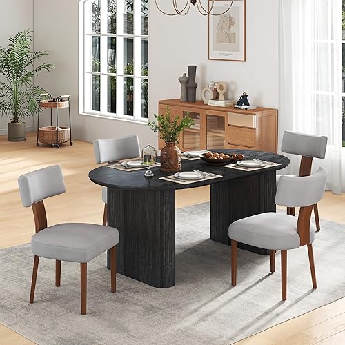 Miniatura 8 de Juego de mesa de comedor ovalada extensible de 59 a 90 pulgadas con 6 sillas de comedor con respaldo en T para 6 personas, moderna mesa de comedor