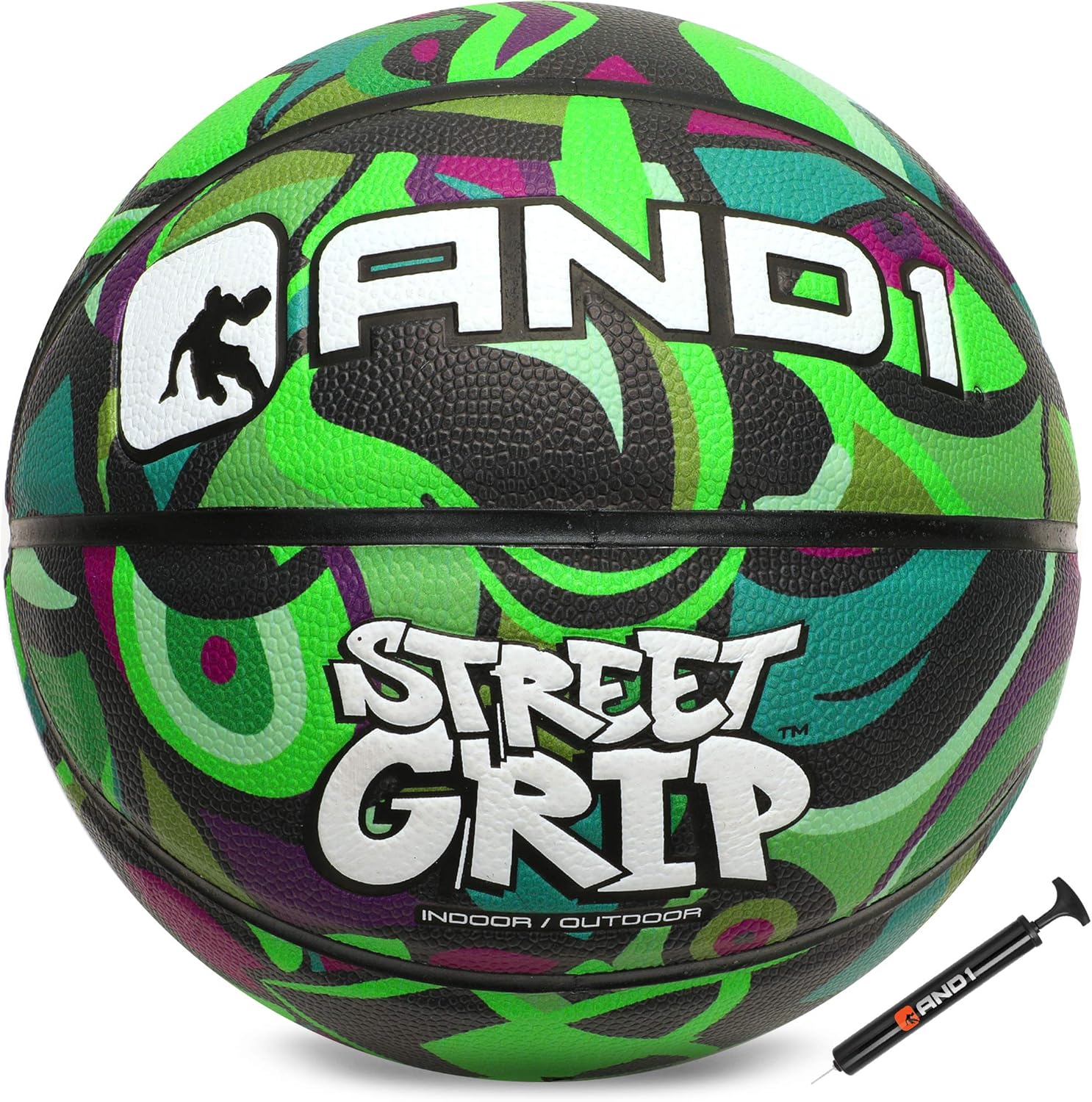 AND1 Street Grip Premium Composite Leather Basketball & Pump Bundle Official Size 7 (29.5