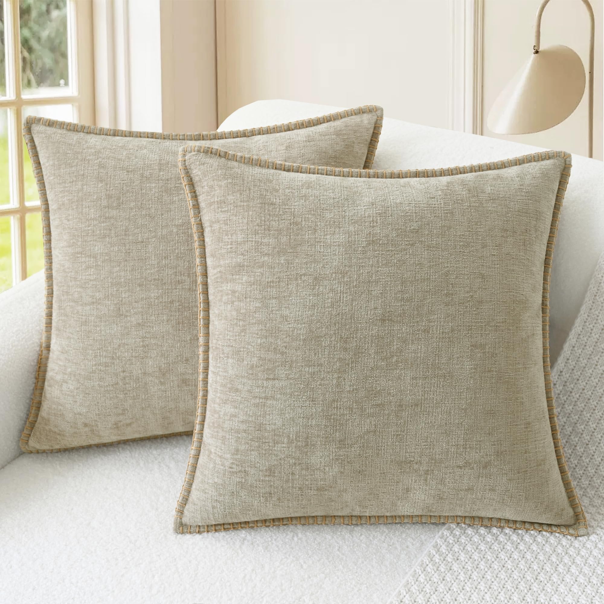 CaliTime Throw Pillow Cases Pack of 2 Cotton Thread Stitching Edges Solid Dyed Soft Chenille Cushion Covers for Couch Sofa Home Farmhouse Decoration 66cm x 66cm Light Taupe โ image 1