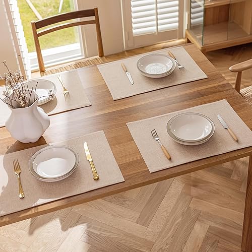 Miniatura 6 de Demetex Juego de 4 manteles individuales de lino resistentes al calor, manteles individuales de arpillera para comedor, cocina, banquete, lino claro