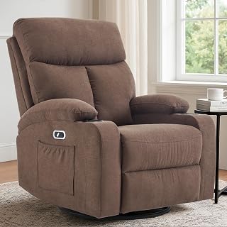 Swivel Power Recliner Chair for Adults with Full Body Massage, Electric Rocker Recliner Chairs for Living Room with USB and Type-C Ports, Fabric Rocking Reclining Sofa Chair (Cocoa Brown)