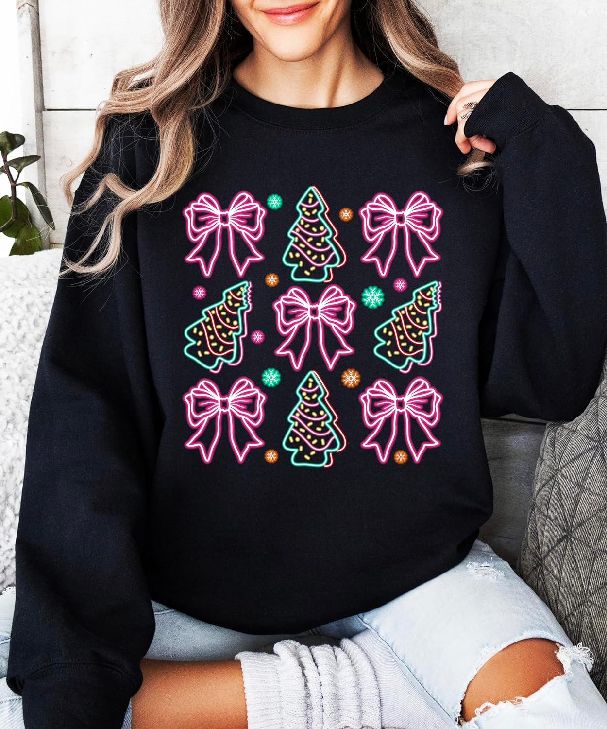 Olive Loves Apple Electric Neon Bows and Christmas Trees Sweatshirt for Women and Teens Holiday Pullover