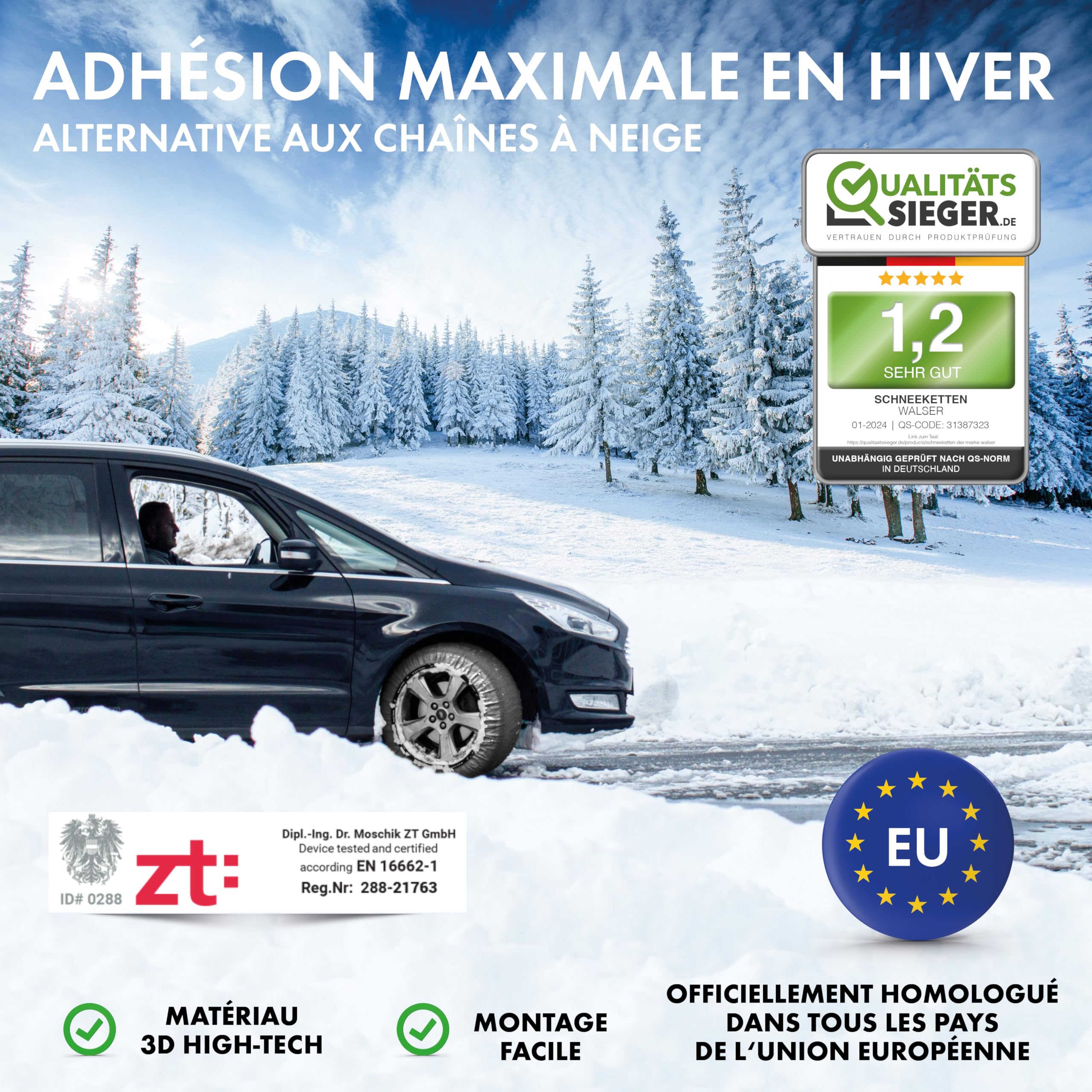 WALSER Premium Chaussettes à Neige Textile Homologué en 16662-1, 2 chaînes neige pour auto, set de deux chaussettes neige textile, chaînes hiver auto tissu snow sock taille de jante R13-R22, XL