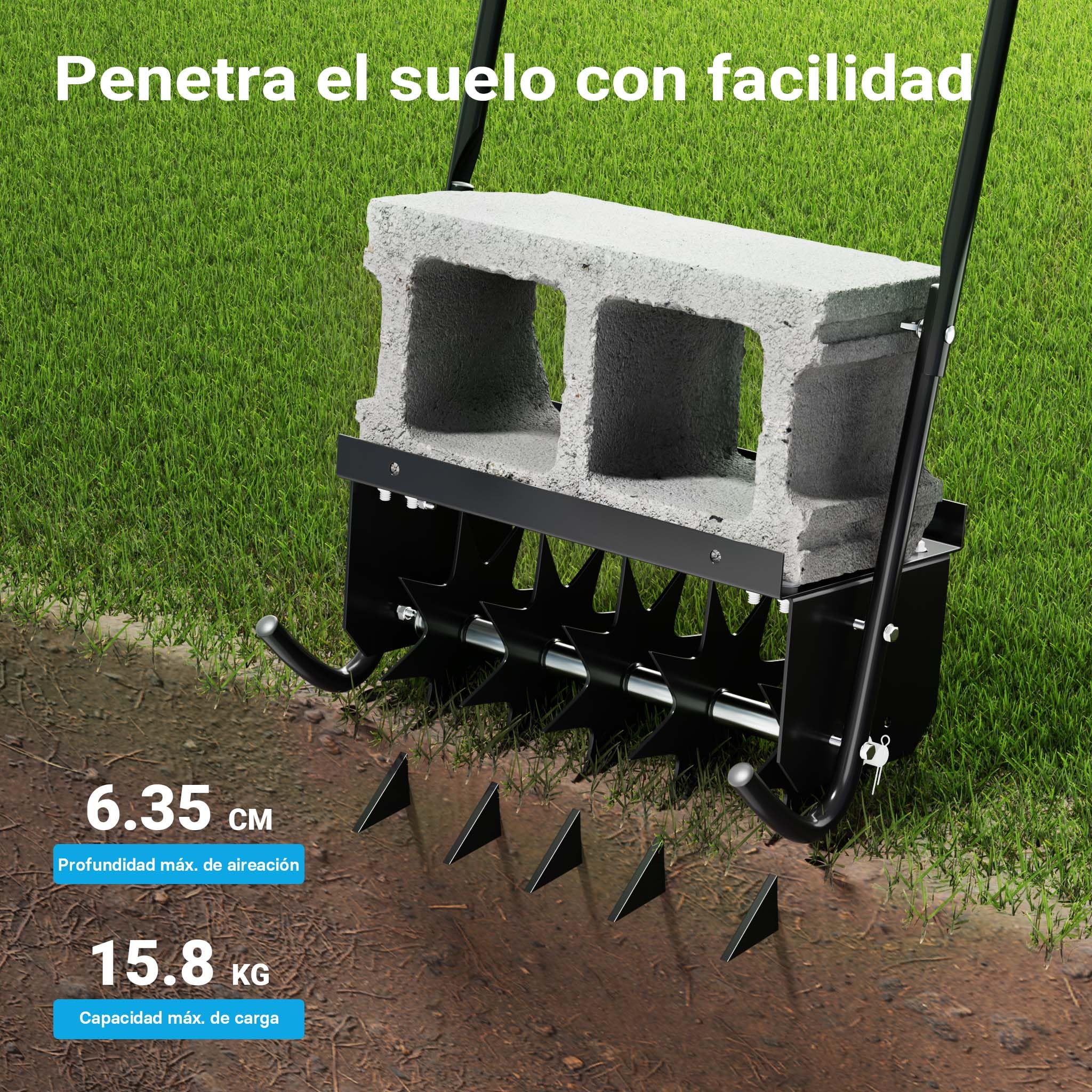 Wiltec Aireador de césped negro con 40 cm de ancho de trabajo y 6,4 cm de profundidad de trabajo escarificador manual con 5 discos de púas de acero perforador de césped