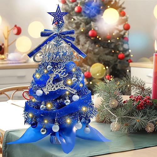 Miniatura 5 de Mini árbol de Navidad de 23 pulgadas, pequeño árbol de Navidad azul con luces, árbol delgado de Navidad preiluminado de mesa, árbol de Navidad
