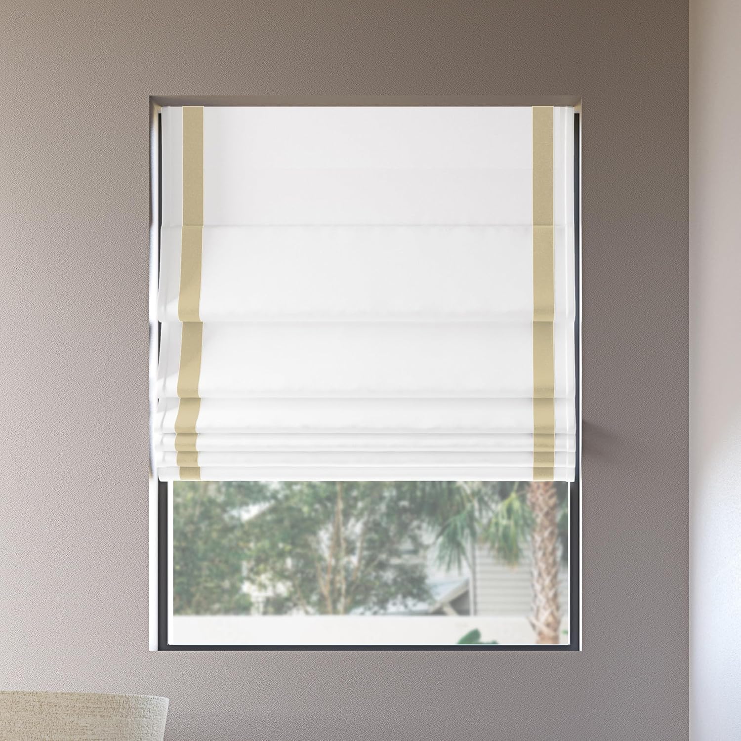 Sun Zero Denna Black Ribbon Border 100% Total Blackout Cordless Roman Shade, Taupe, 35" W x 64" L