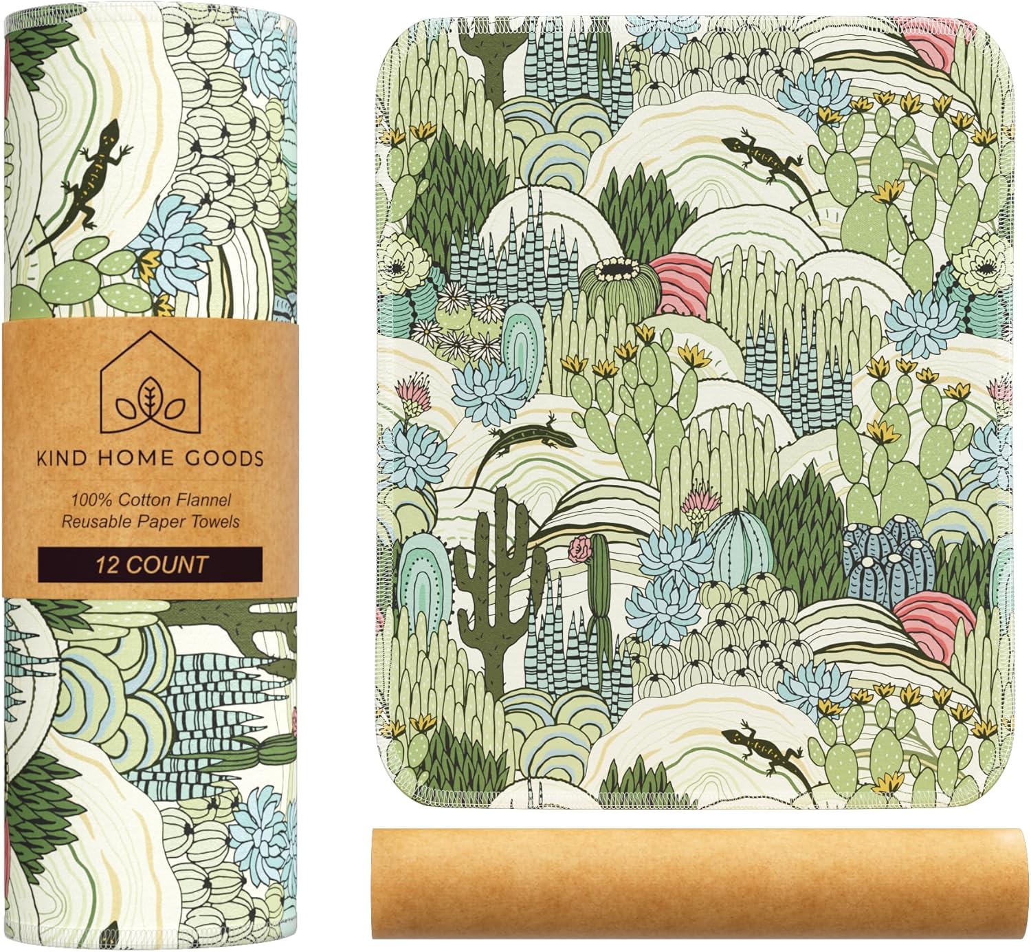 Reusable Paper Towels (12"x10”) - Soft Absorbent 100% Washable Paper Towels - Reusable Paper Towels Washable w/Cardboard Roll - Reusable Napkins (Cactus, 12x10inch)