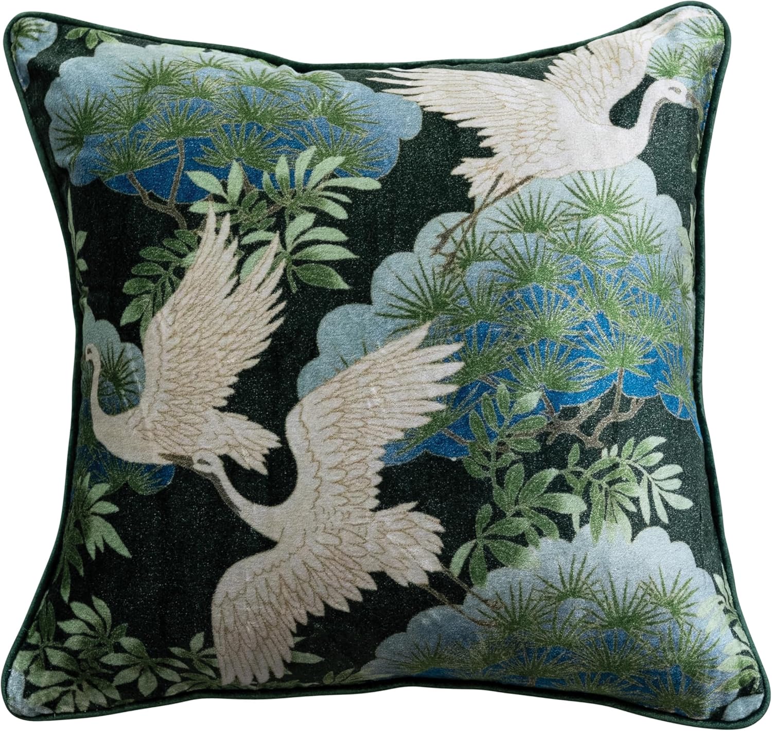 Creative Co-Op Cotton Blend Velvet Printed Pillow with Cranes and Piping, Multicolor, Heron Pattern