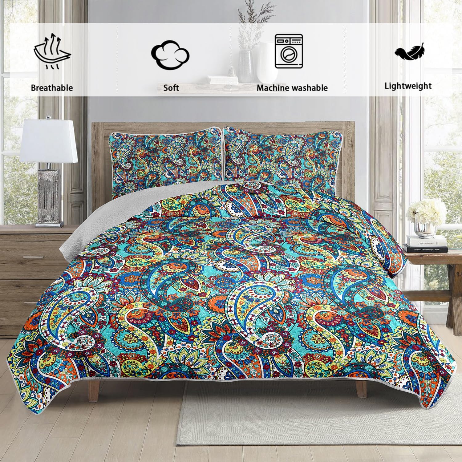 Boho Style Queen Quilt Set,Bohemian Floral Quilt Beddding Set for Adults,Soft and Lightweight Bed Set for All Season,Colorful Quilted Beddding with 2 Pillowcases. - Image 3