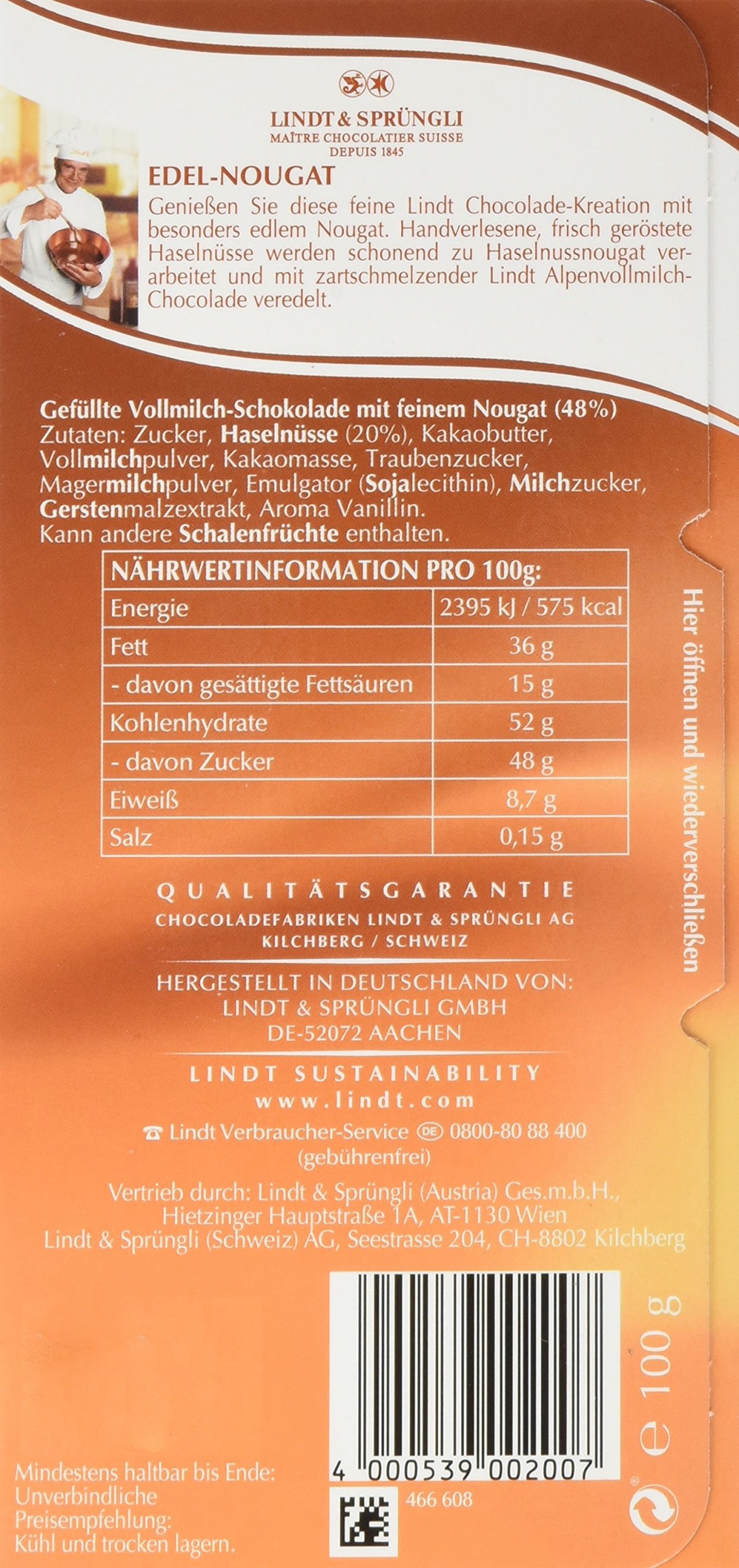 Lindt Schokolade Edel-Nougat | 10 x 100g Tafel | Vollmilch-Schokolade mit zartem Haselnuss-Nougat | Schokoladentafel | Schokoladengeschenk