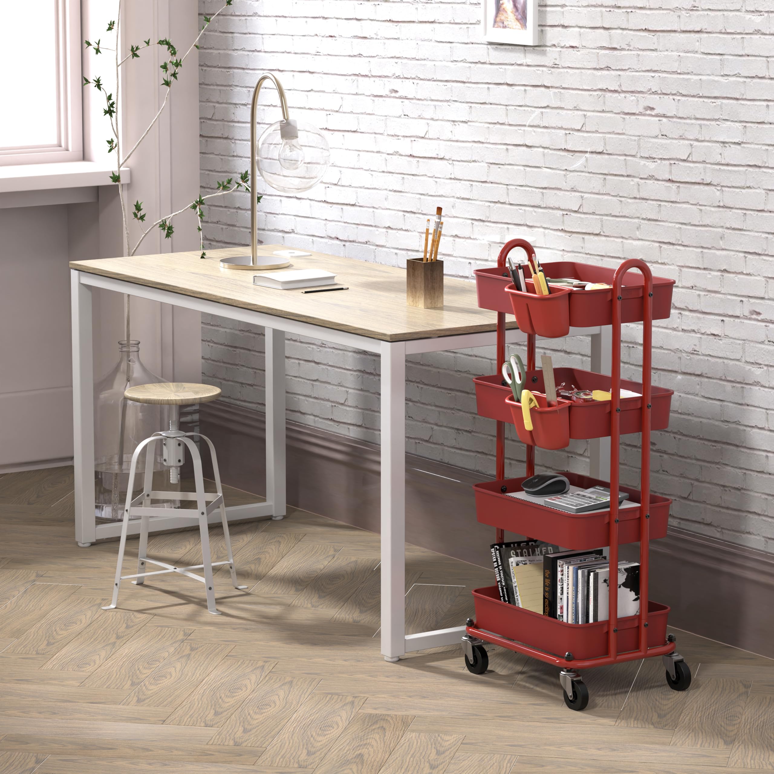 Simple Houseware 4-stufiger multifunktionaler Rollwagen mit Korbtrennwänden und hängenden Eimern, Rot