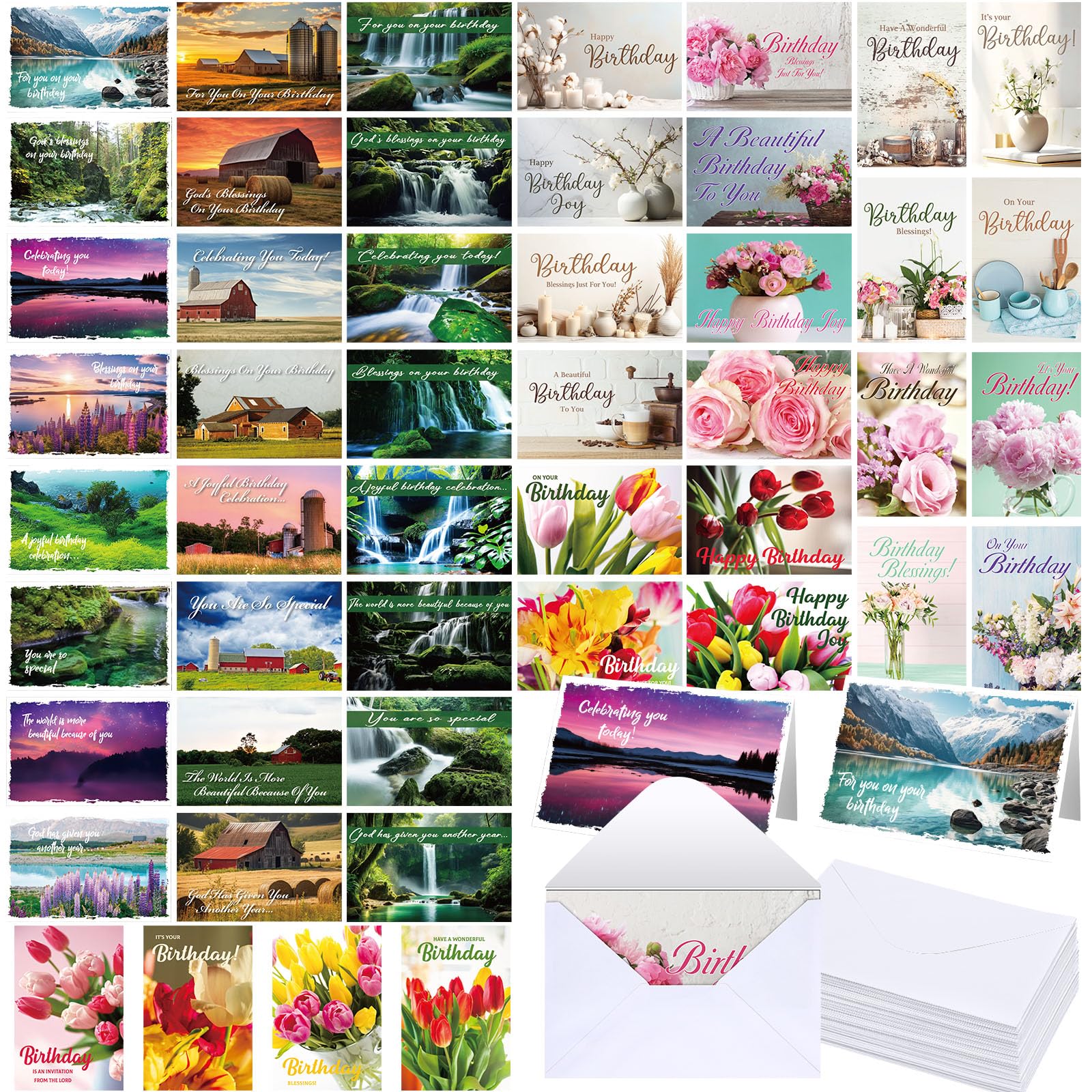 Feifeiya 48 Sets Religious Christian Birthday Card with Scripture Bible Verse Scripture with Envelope No Repeated Blessings Birthday Card Boxed