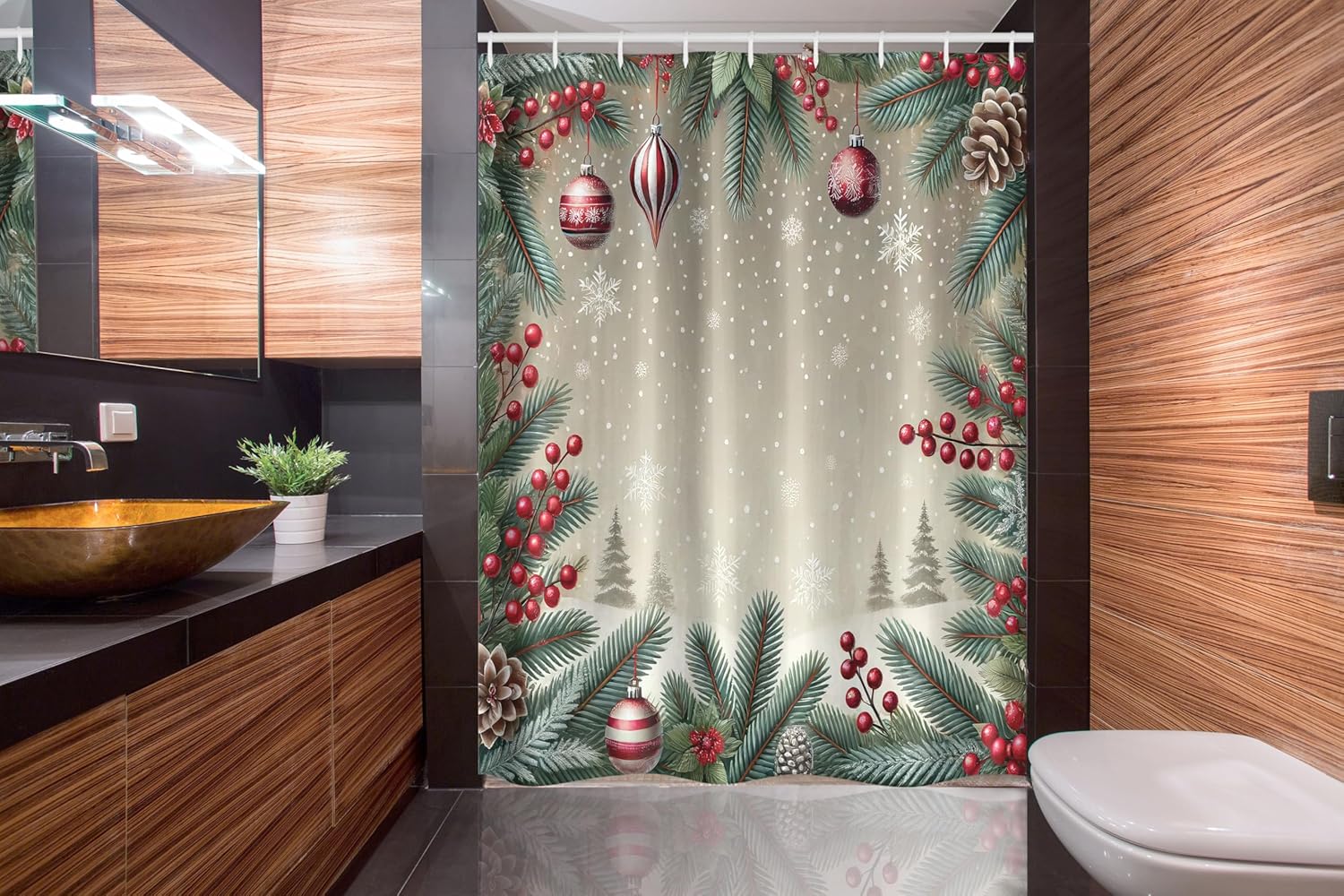 Ambesonne Christmas Stall Shower Curtain, Happy Winter Pine Tree Leaves and Xmas Balls with Falling Snowflakes, Fabric Bathroom Decor Set with Hooks, 54" W x 78" L, Ruby Khaki Cadet Blue
