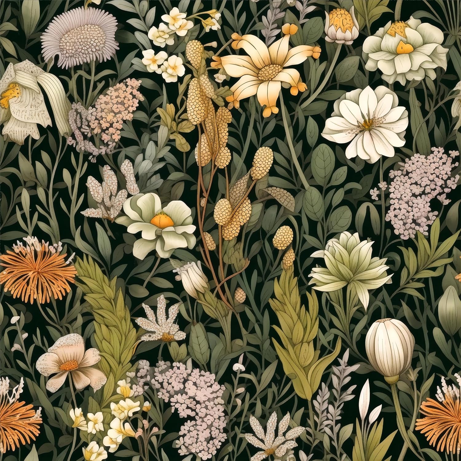 Floral Peel and Stick Wallpaper - Green Vintage Flower Leaf Self-Adhesive Removable Wallpaper - Nursery Bedroom Mural Wall Decorative - 17.71'' X 236.2''