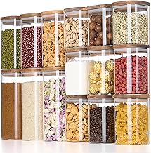 15-Pack Borosilicate Glass Square Jars Set with Acacia Wood Lids - 10.8L Total Capacity, Airtight Press-Top Lids, Space-Saving for Pantry Storage, Flour, Sugar, Pasta, Tea, Coffee, Herbs