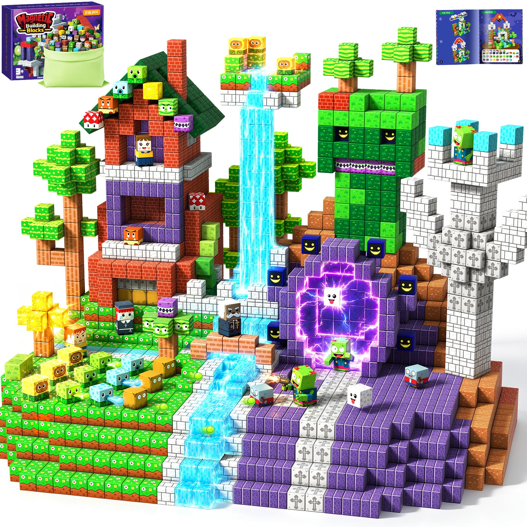 LUVTOY Costruzioni Magnetiche per Bambini - 216Pezzi Costruzioni cubi magnetici per Bambini - staccabili Durata Prolungata Giochi blocchi Magnetici per Bambini 3-10 Anni Halloween