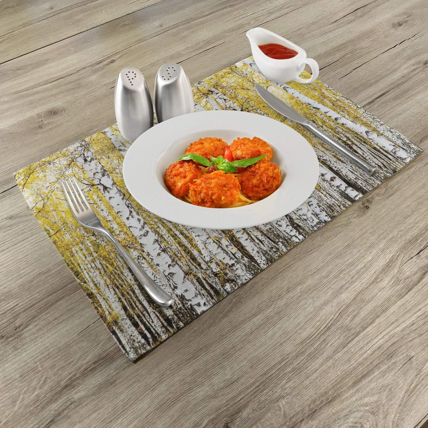 Ambesonne Forest Place Mats Set of 4, Autumn Birch Forest Golden Yellow Leaves Woodland October Seasonal Nature Picture, Washable Fabric Placemats for Dining Table, Standard Size, Yellow and Grey