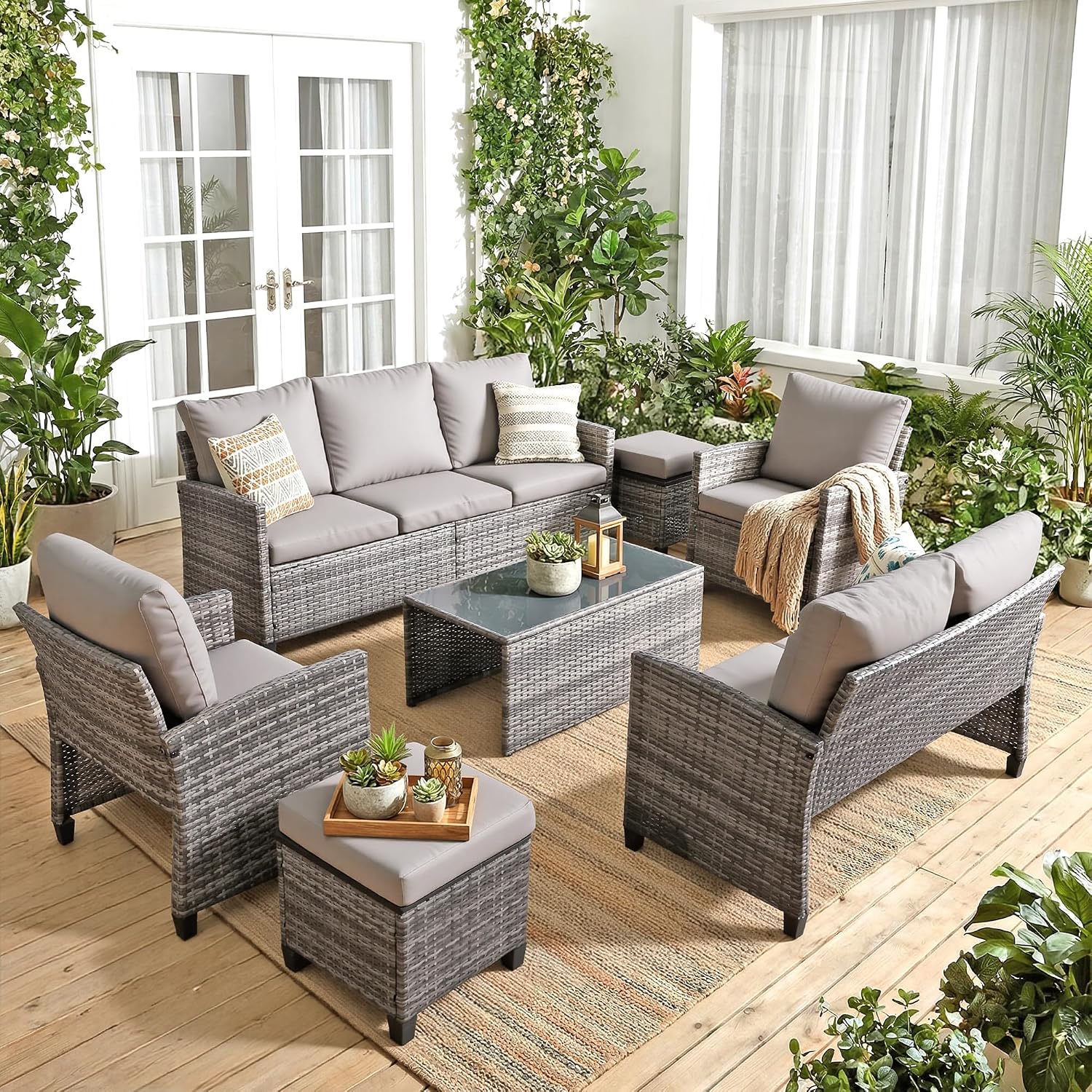 FHFO 7 Piece Patio Furniture Set, Outdoor Sectional Furniture Wicker Conversation Sofa Set, Includes 3-Seater Sofa, Loveseat, Single Sofa, Tempered Glass Coffee Table, Ottoman (Grey/Grey)